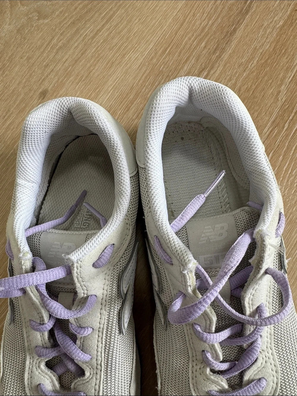New Balance Beige Sneakers with Lavender Laces